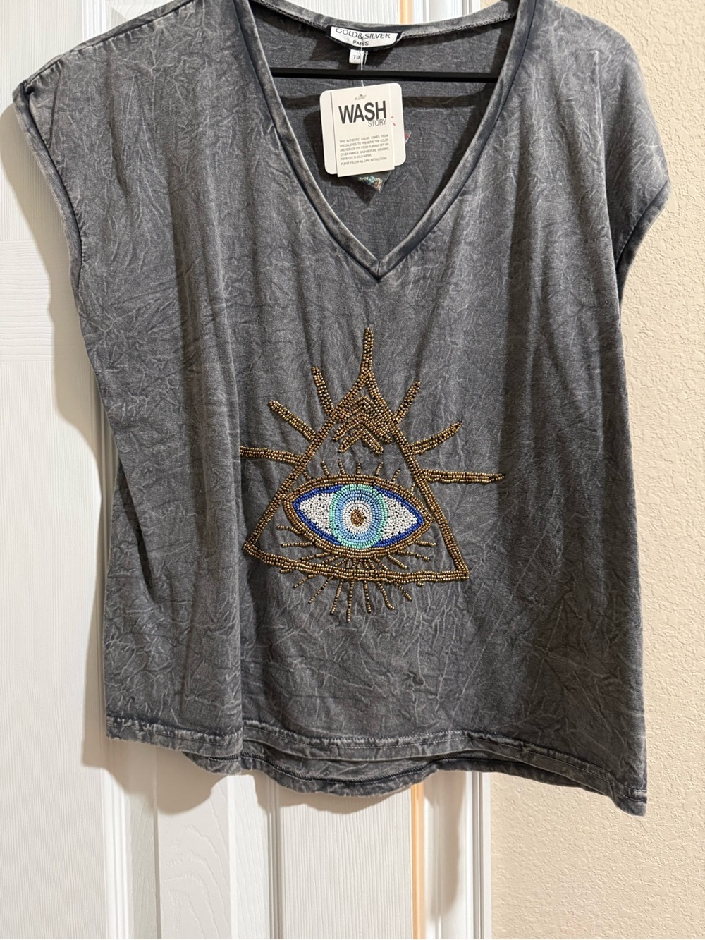 ✨ Gold & Silver Paris Mineral Wash Beaded Evil Eye Tee ✨ NWT